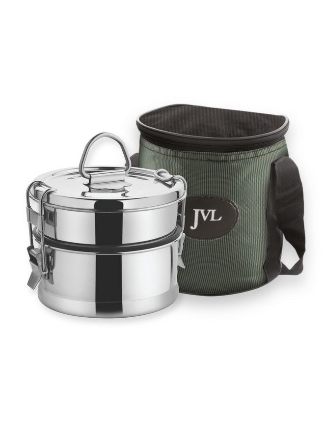 JVL Leak-Proof Stainless Steel Double Decker Lunch Box 600ml with Bag 2-Compartment Tiffin for Office & Kids Use Durable, Compact & Easy to Carry - Image 1