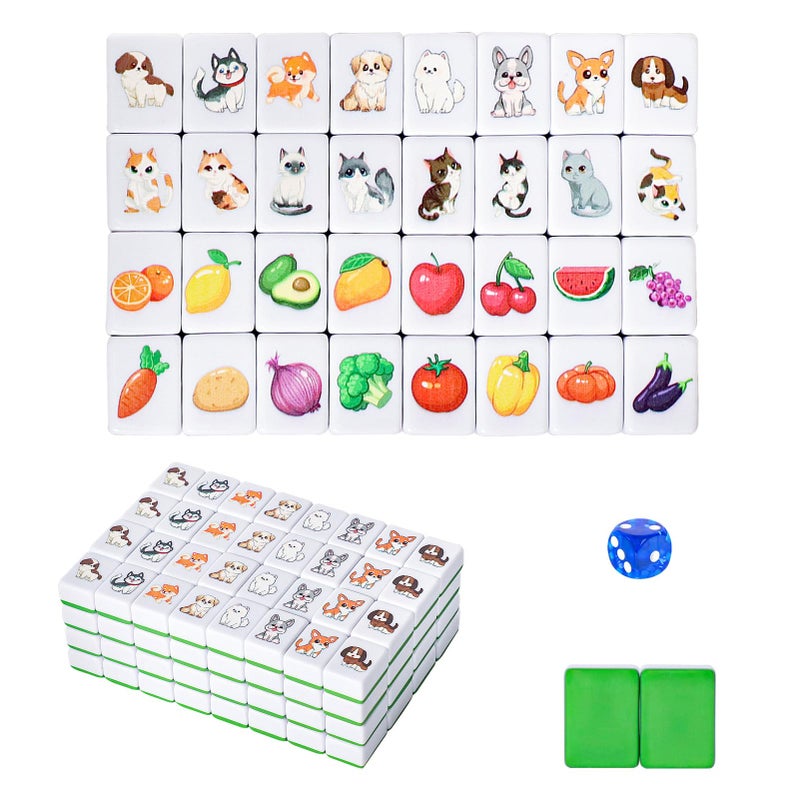 GRACIAS 4 Players Mahjong Block Set 128 Green Tiles118 with Animal and Food Pattern Portable Mahjong Set with A Carry Bag Mahjong Tile Game - Image 2