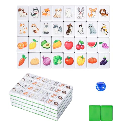 GRACIAS 4 Players Mahjong Block Set 128 Green Tiles118 with Animal and Food Pattern Portable Mahjong Set with A Carry Bag Mahjong Tile Game - Image 1