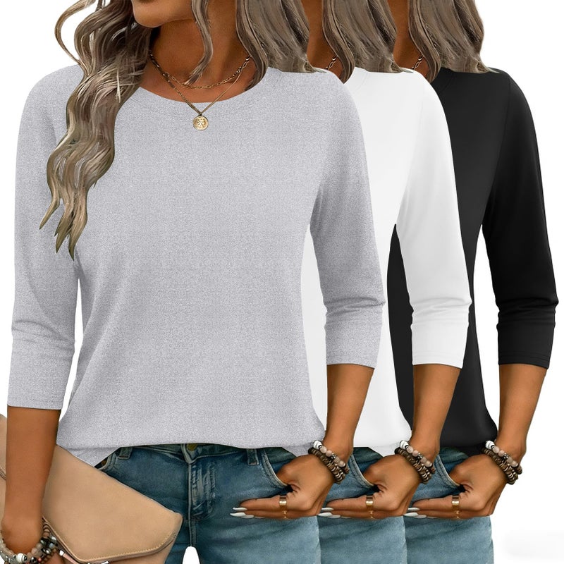 Zeagoo Womens 3/4 Sleeve Tops Black White Grey Shirt for Women Basic Tees 3 Pack Crewneck Summer Dressy Casual Cute Blouses - Image 1