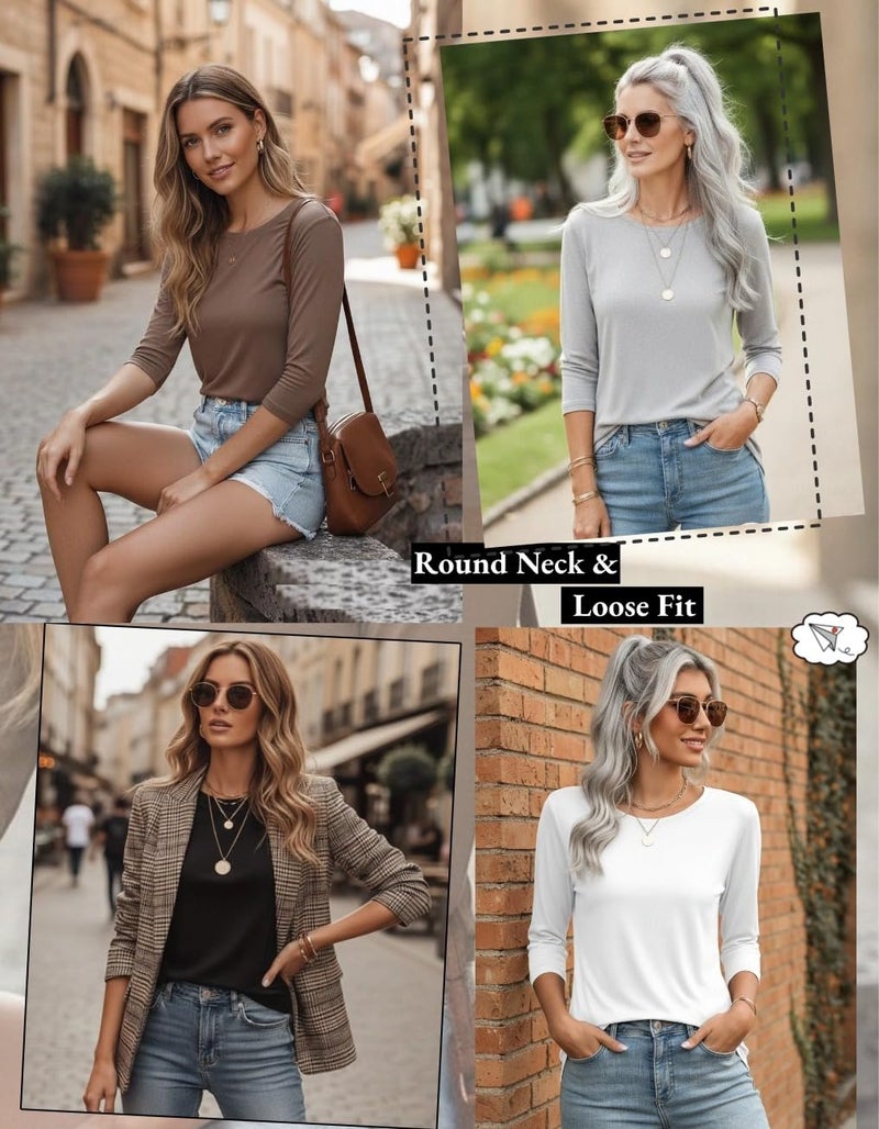 Zeagoo Womens 3/4 Sleeve Tops Black White Grey Shirt for Women Basic Tees 3 Pack Crewneck Summer Dressy Casual Cute Blouses - Image 2