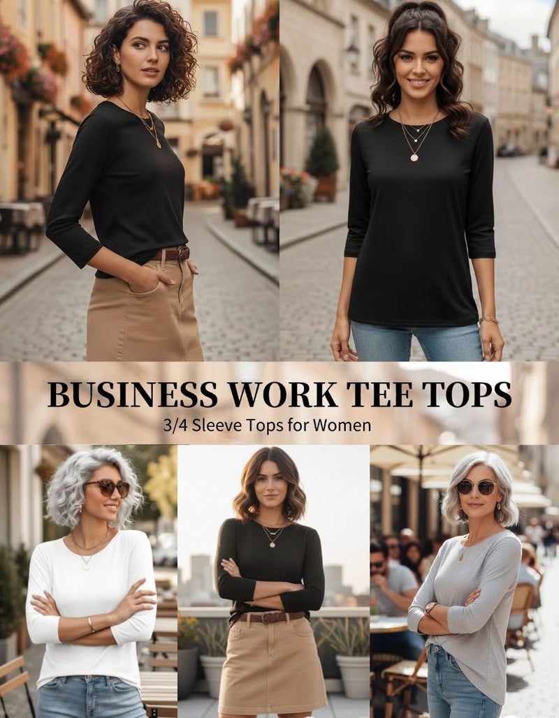 Zeagoo Womens 3/4 Sleeve Tops Black White Grey Shirt for Women Basic Tees 3 Pack Crewneck Summer Dressy Casual Cute Blouses - Image 4