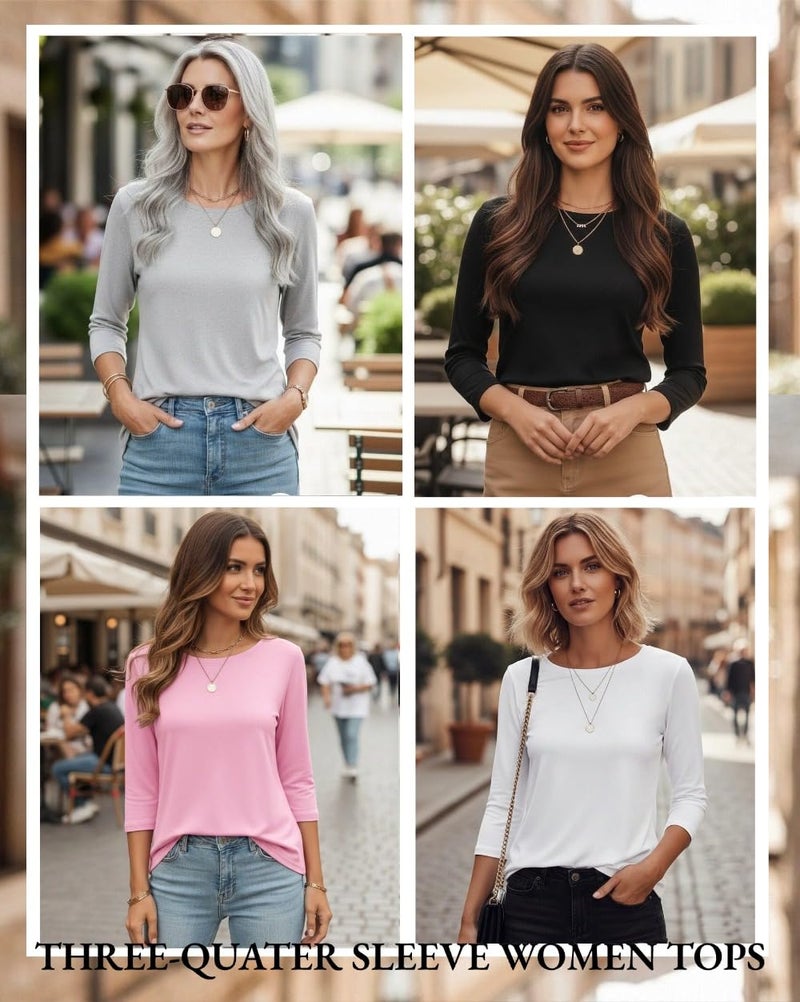 Zeagoo Womens 3/4 Sleeve Tops Black White Grey Shirt for Women Basic Tees 3 Pack Crewneck Summer Dressy Casual Cute Blouses - Image 5