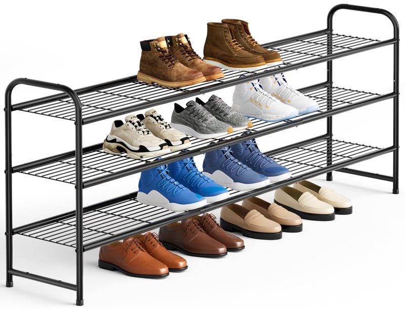 KEETDY 3Tier Long Shoe Rack for Closet Metal Shoe Organizer for Entryway Wide Stackable Shoe Storage Shelf with Sturdy Wire Grid for Closet Floor Bedroom Black