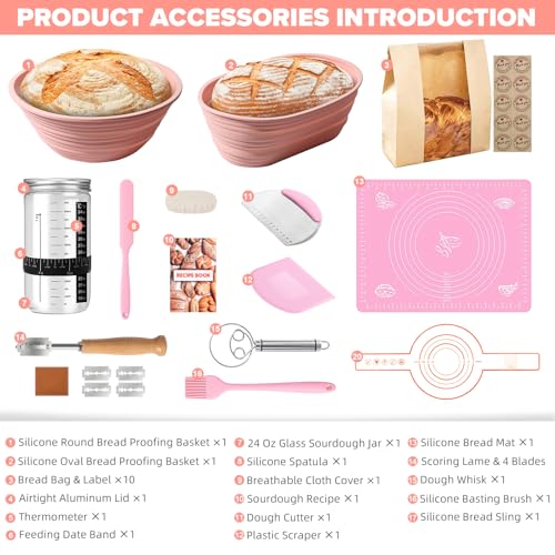 RYTOXILO Sourdough Starter Kit, 15 Pcs Sour Dough Bread Baking Supplies for Beginners with 24 Oz Glass Starter Jar, Complete Bread Making Set with Silicone Banneton Proofing Basket, Baking Accessory - Image 2