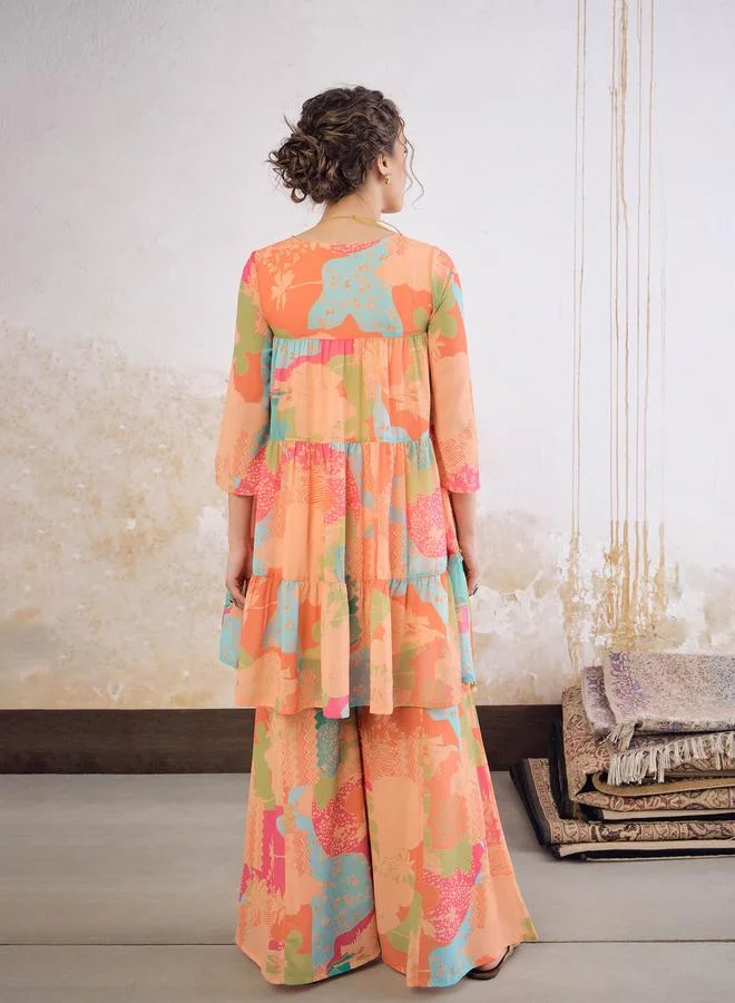 SASSAFRAS Sassafras Orange Tie-Dye Coin Lace Tired Kurta and Sharara Set