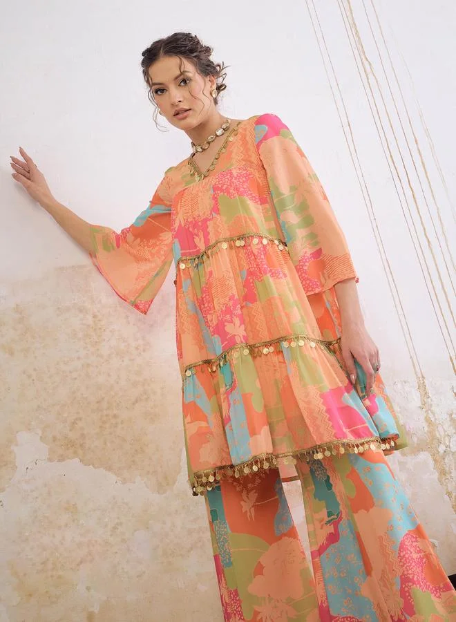 SASSAFRAS Sassafras Orange Tie-Dye Coin Lace Tired Kurta and Sharara Set