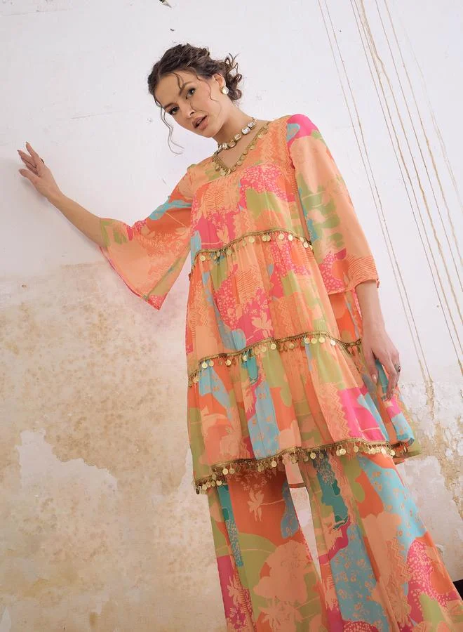 SASSAFRAS Sassafras Orange Tie-Dye Coin Lace Tired Kurta and Sharara Set