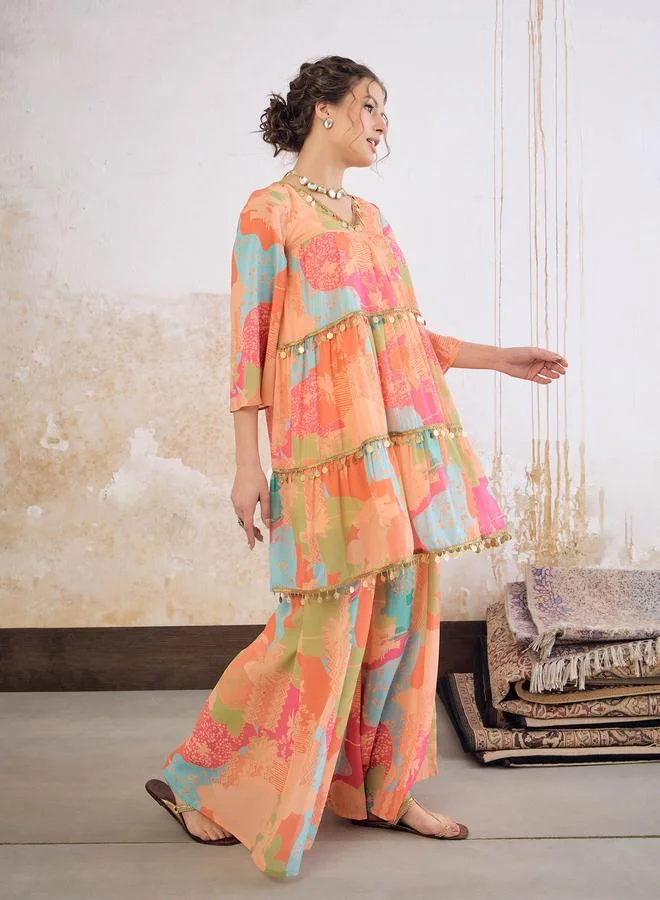 SASSAFRAS Sassafras Orange Tie-Dye Coin Lace Tired Kurta and Sharara Set