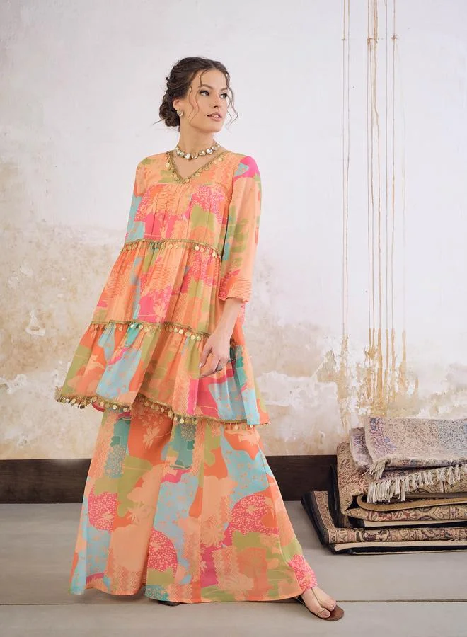 SASSAFRAS Sassafras Orange Tie-Dye Coin Lace Tired Kurta and Sharara Set
