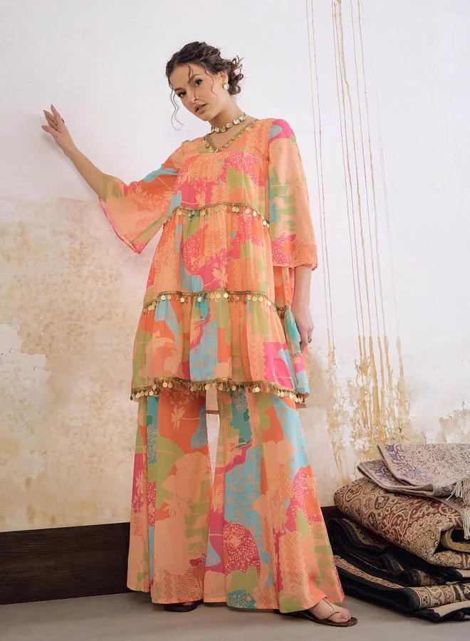 SASSAFRAS Sassafras Orange Tie-Dye Coin Lace Tired Kurta and Sharara Set