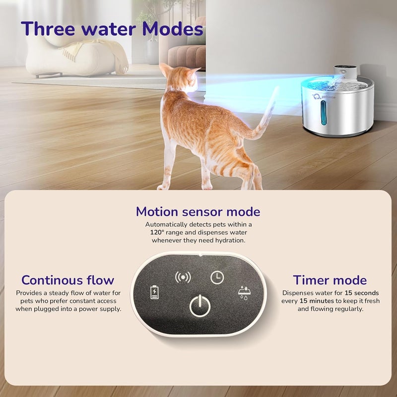 Petverse ® Motion Sensor Stainless Steel Pet Water Fountain for Cats & Dogs - 4L, Wireless, Battery Operated, 3 Modes Operation - Sensor, Timer & Continuous Flow, Triple Filtration System, 12M Warranty - Image 3