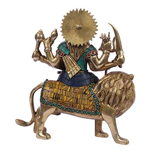 Kartique Brass Maa Durga Idol Sitting On Lion Ma Sherawali Murti Devi Statue for Home Mandir Office Living Room Shop Gift Navratra Puja Multicolor Stone Work Color 9 Inch - Image 4