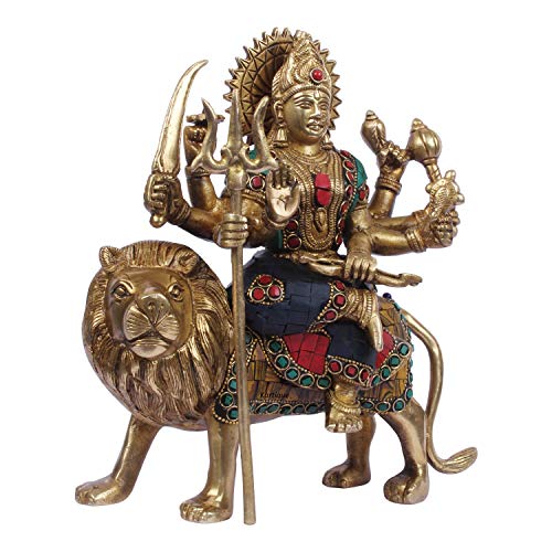 Kartique Brass Maa Durga Idol Sitting On Lion Ma Sherawali Murti Devi Statue for Home Mandir Office Living Room Shop Gift Navratra Puja Multicolor Stone Work Color 9 Inch - Image 2
