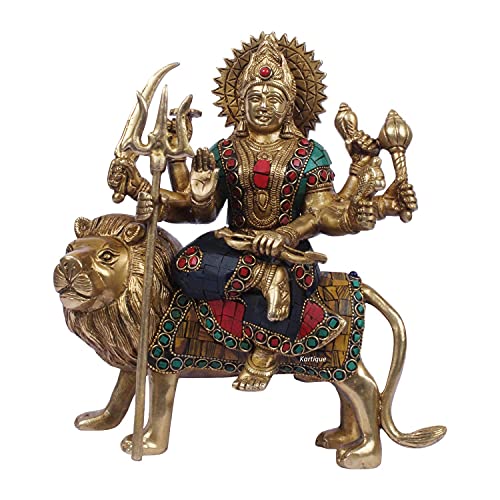 Kartique Brass Maa Durga Idol Sitting On Lion Ma Sherawali Murti Devi Statue for Home Mandir Office Living Room Shop Gift Navratra Puja Multicolor Stone Work Color 9 Inch - Image 1