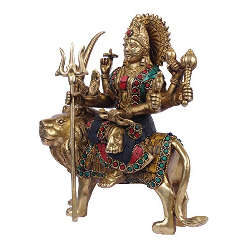 Kartique Brass Maa Durga Idol Sitting On Lion Ma Sherawali Murti Devi Statue for Home Mandir Office Living Room Shop Gift Navratra Puja Multicolor Stone Work Color 9 Inch - Image 3