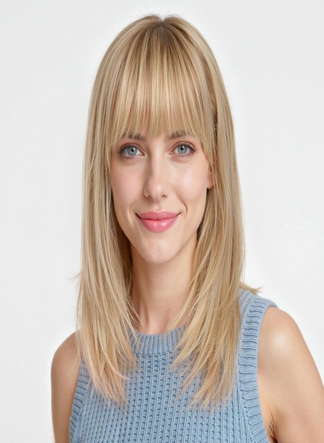 KKU 16 Inch Human Hair Wig with Bangs, Real Hair Wigs for Women,Wear Natural Realism (Ombre Blonde Mixed Light Brown) - Image 1