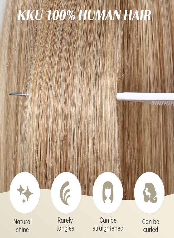 KKU 16 Inch Human Hair Wig with Bangs, Real Hair Wigs for Women,Wear Natural Realism (Ombre Blonde Mixed Light Brown) - Image 3