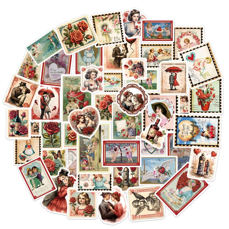 FaCraft 50PCS Valentines Stickers - Vintage Happy Valentine's Day Stickers for Adults Romantic Love Sticker Valentine Gift Tags Scrapbook Waterproof Sticker for Laptop Water Bottles Envelopes Cards - Image 1