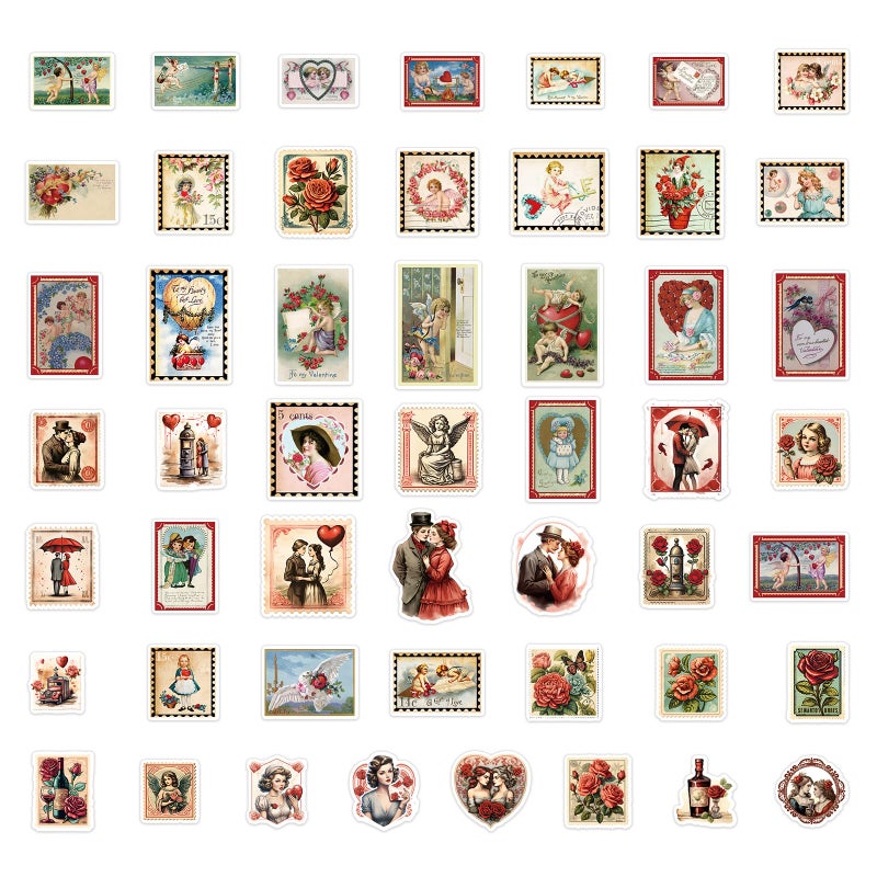FaCraft 50PCS Valentines Stickers - Vintage Happy Valentine's Day Stickers for Adults Romantic Love Sticker Valentine Gift Tags Scrapbook Waterproof Sticker for Laptop Water Bottles Envelopes Cards - Image 2