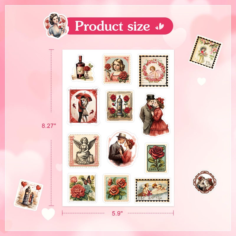 FaCraft 50PCS Valentines Stickers - Vintage Happy Valentine's Day Stickers for Adults Romantic Love Sticker Valentine Gift Tags Scrapbook Waterproof Sticker for Laptop Water Bottles Envelopes Cards - Image 4