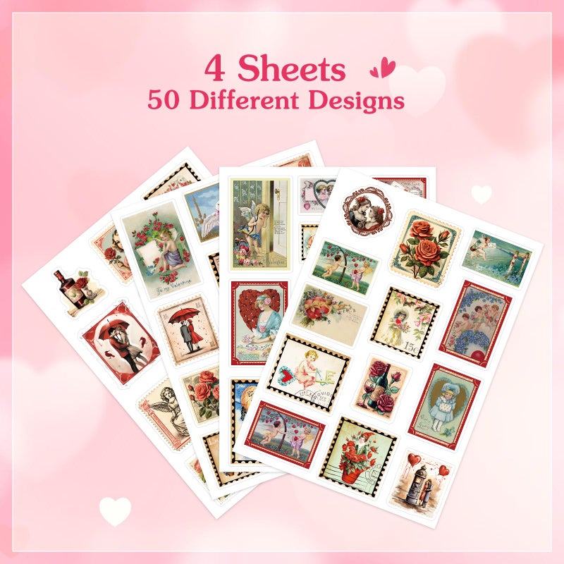 FaCraft 50PCS Valentines Stickers - Vintage Happy Valentine's Day Stickers for Adults Romantic Love Sticker Valentine Gift Tags Scrapbook Waterproof Sticker for Laptop Water Bottles Envelopes Cards - Image 3