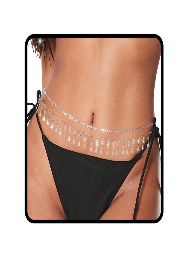 ELABEST Layered Belly Chain Rhinestone Waist Chain Adjustable Waist Jewelry for Women (A(Silver), 31.5+7.8inch) - Image 1