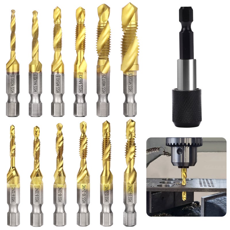 Combination Drill & Tap Bit Set, 6 pc SAE (6-32NC ~ 1/4-20NC) and 6 pc Metric (M3 ~ M10) Titanium Coated Drill Bits Kit for Drilling Screw Threads Tapping Countersinking, with Quick Change Adapter - Image 1