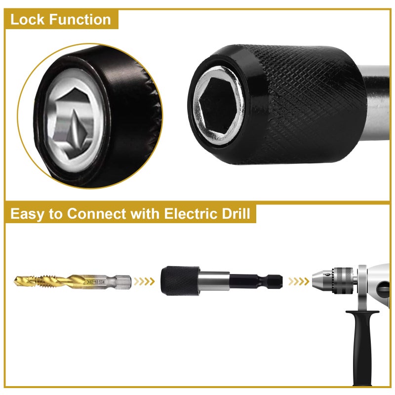 Combination Drill & Tap Bit Set, 6 pc SAE (6-32NC ~ 1/4-20NC) and 6 pc Metric (M3 ~ M10) Titanium Coated Drill Bits Kit for Drilling Screw Threads Tapping Countersinking, with Quick Change Adapter - Image 2