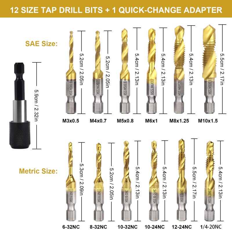 Combination Drill & Tap Bit Set, 6 pc SAE (6-32NC ~ 1/4-20NC) and 6 pc Metric (M3 ~ M10) Titanium Coated Drill Bits Kit for Drilling Screw Threads Tapping Countersinking, with Quick Change Adapter - Image 3