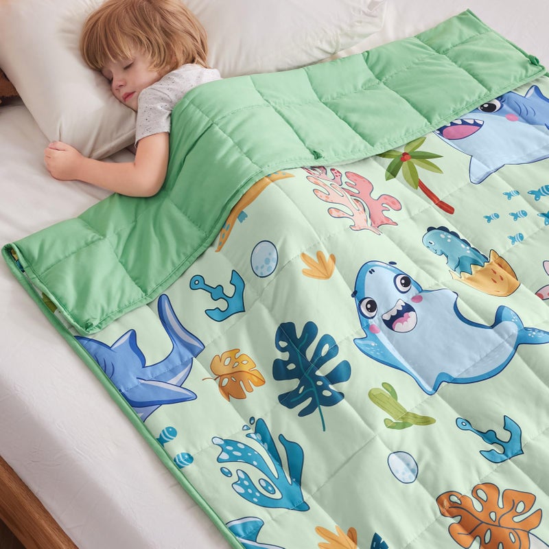 anfie Weighted Blanket Kids(40""x60"" 7lbs) Weighted Blanket Cooling Blanket for Sleeping Throw Size Breathable Blanket with Premium Glass Bead(Green Shark)