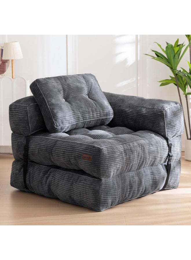 تشولوفز سرير أريكة قابل للطي بمقاس فردي | كرسي نوم قابل للتحويل مع وسادة، مرتبة قابلة للطي ودعامة للظهر، أريكة أرضية رمادية داكنة للمنزل - Image 1