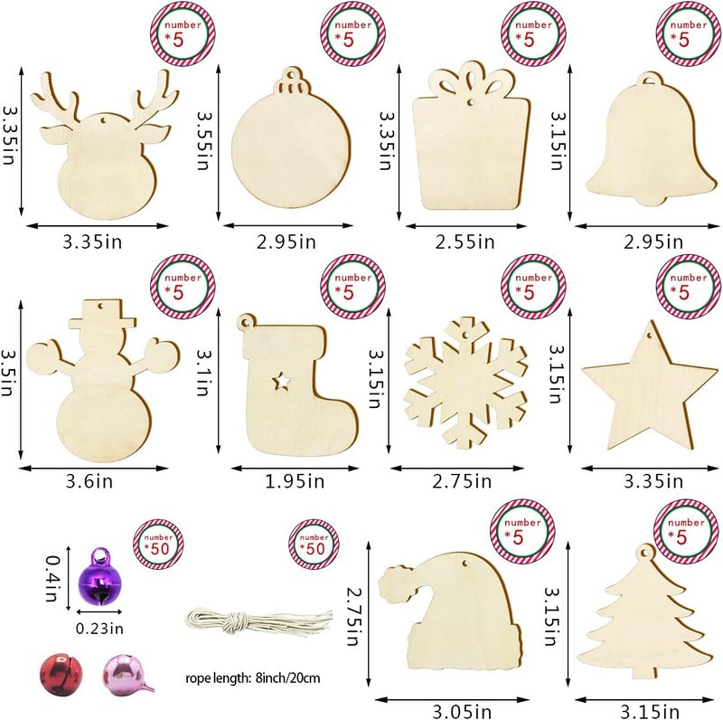 Pseutio 50 PCS Unfinished Wooden Christmas Ornaments DIY Christmas Wooden Slices with 50 Jingle Bells for Crafts Christmas Hanging Decorations (10 Shapes) - Image 2