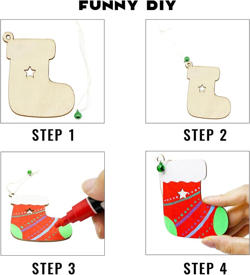 Pseutio 50 PCS Unfinished Wooden Christmas Ornaments DIY Christmas Wooden Slices with 50 Jingle Bells for Crafts Christmas Hanging Decorations (10 Shapes) - Image 4