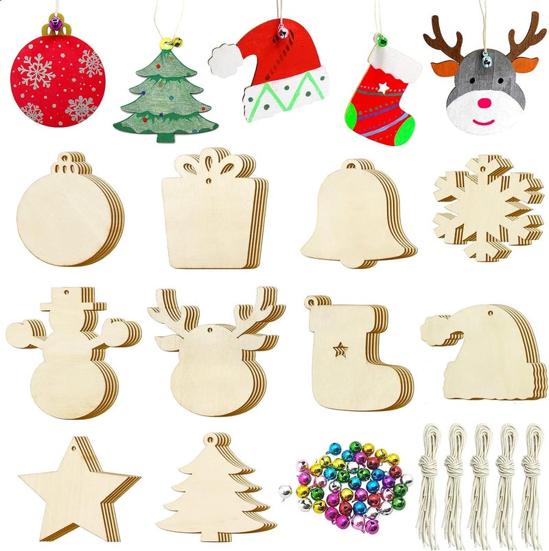 Pseutio 50 PCS Unfinished Wooden Christmas Ornaments DIY Christmas Wooden Slices with 50 Jingle Bells for Crafts Christmas Hanging Decorations (10 Shapes) - Image 1
