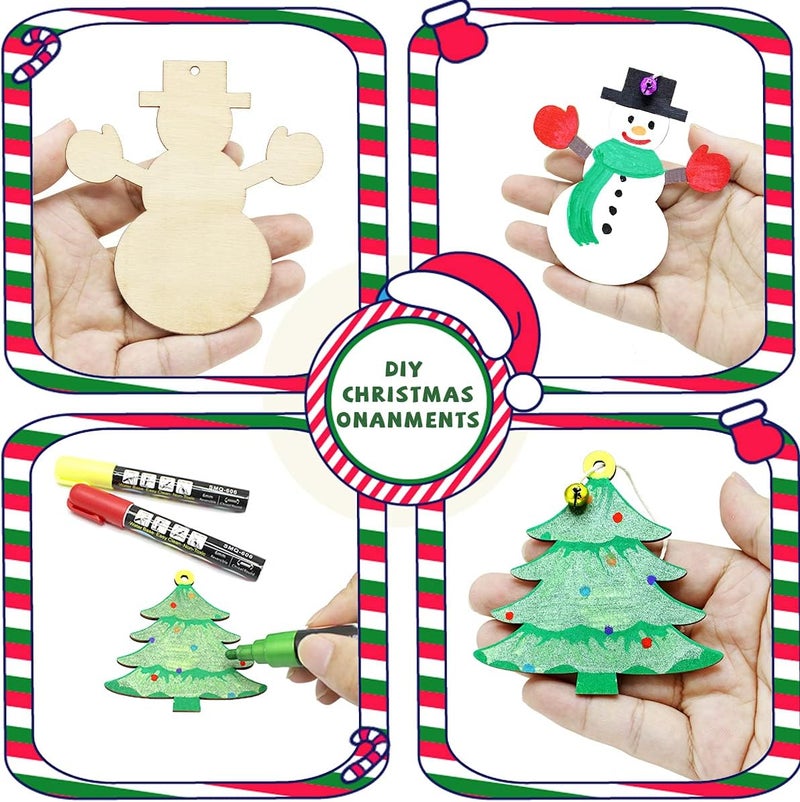 Pseutio 50 PCS Unfinished Wooden Christmas Ornaments DIY Christmas Wooden Slices with 50 Jingle Bells for Crafts Christmas Hanging Decorations (10 Shapes) - Image 3