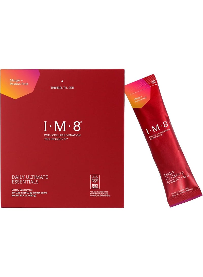 IM8 Daily Ultimate Essentials All-in-One Multivitamin Supplement, 92 Nutrient Rich Ingredients CoQ10, Probiotics, Vitamins, Greens, Gluten Free, Vegan (30 Packets, Mango & Passion Fruit) - Image 1