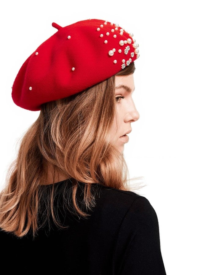 XuoAz Women Wool Beret Hat, Classic French Style Artist Hat, Solid Color Chic Winter Warm Cap for Girls, Red and Rhinestone, M - Image 1