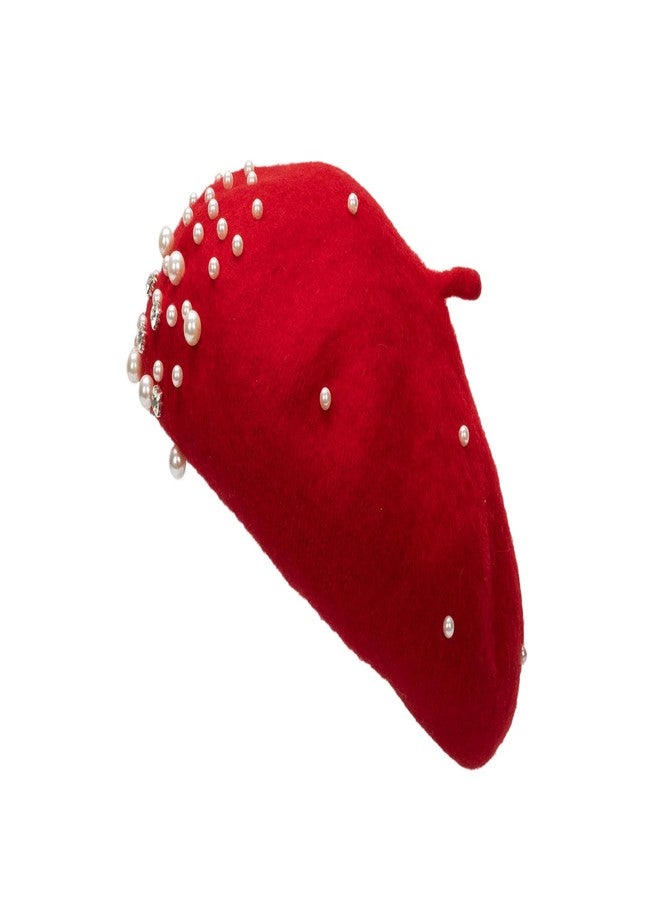 XuoAz Women Wool Beret Hat, Classic French Style Artist Hat, Solid Color Chic Winter Warm Cap for Girls, Red and Rhinestone, M - Image 4
