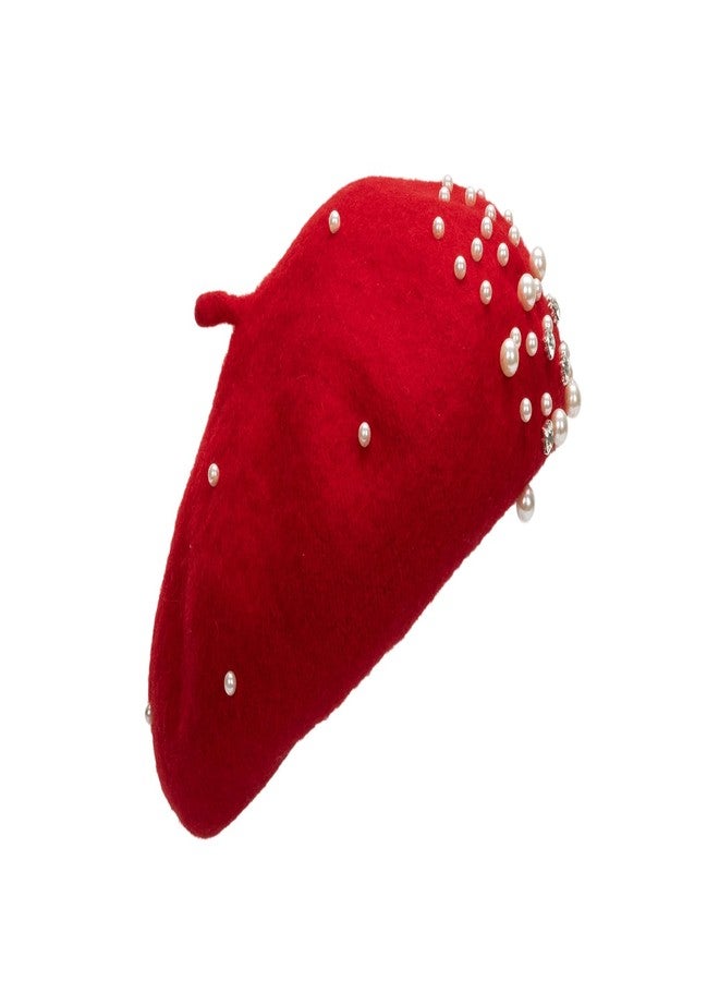 XuoAz Women Wool Beret Hat, Classic French Style Artist Hat, Solid Color Chic Winter Warm Cap for Girls, Red and Rhinestone, M - Image 2