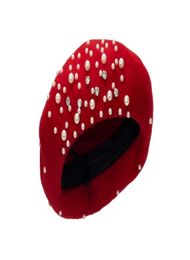 XuoAz Women Wool Beret Hat, Classic French Style Artist Hat, Solid Color Chic Winter Warm Cap for Girls, Red and Rhinestone, M - Image 5