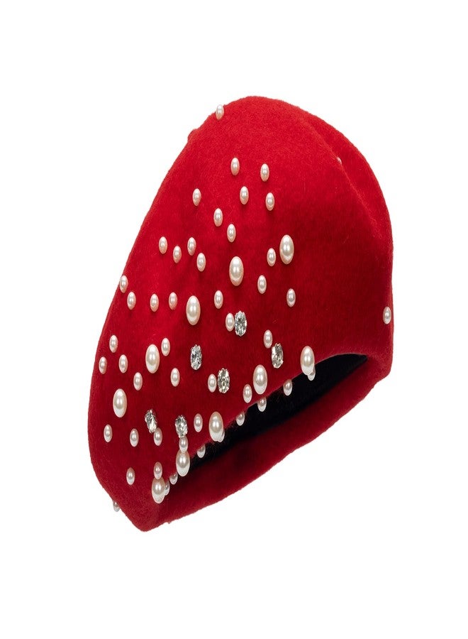 XuoAz Women Wool Beret Hat, Classic French Style Artist Hat, Solid Color Chic Winter Warm Cap for Girls, Red and Rhinestone, M - Image 3