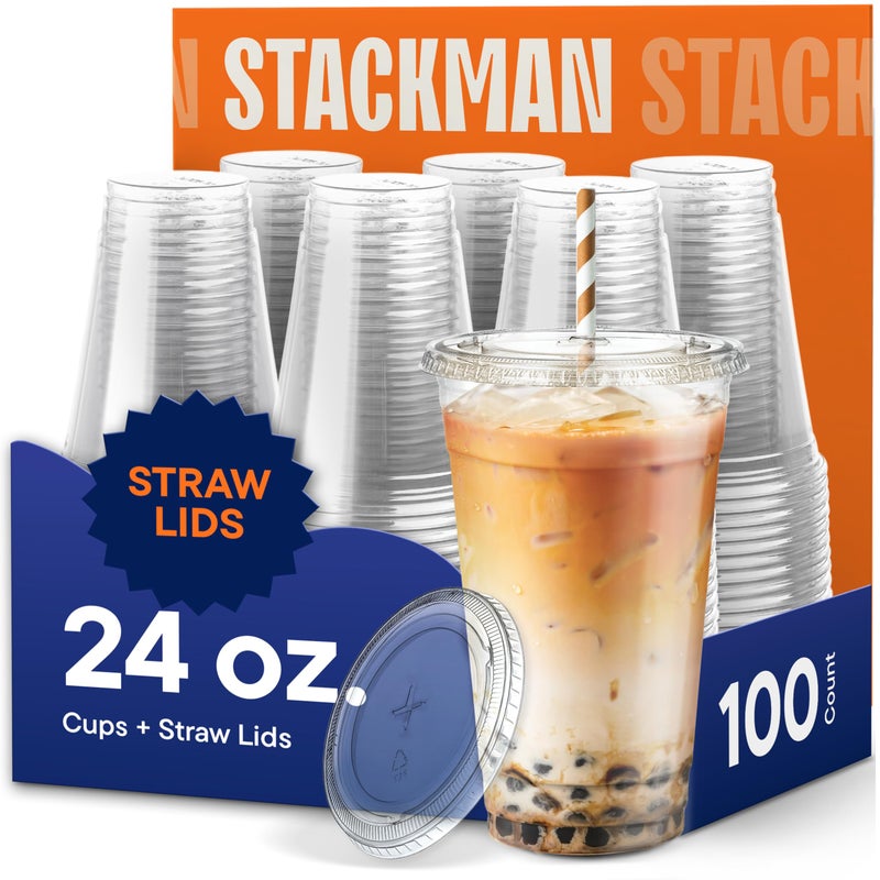 Stack Man 100 Sets  24 oz Clear Plastic Cups with Straw Slot Lid PET Crystal Clear Disposable 24oz Plastic Cups with lids