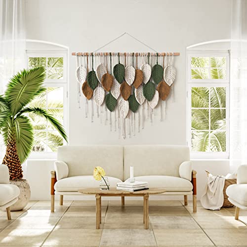 KHOYIME Large Macrame Wall Hanging Boho Woven Tapestry, Chic Home Decor Modern Bohemian Handmade Leaf Feather Wall Art Decorations for Apartment Dorm Living Room Bedroom Nursery Backdrop 39"W X 29.5"L - Image 4