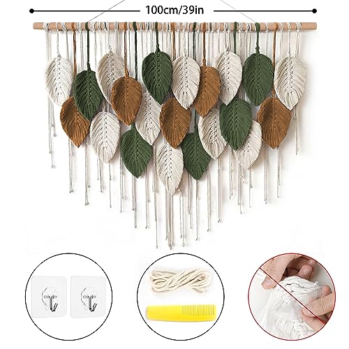 KHOYIME Large Macrame Wall Hanging Boho Woven Tapestry, Chic Home Decor Modern Bohemian Handmade Leaf Feather Wall Art Decorations for Apartment Dorm Living Room Bedroom Nursery Backdrop 39"W X 29.5"L - Image 2