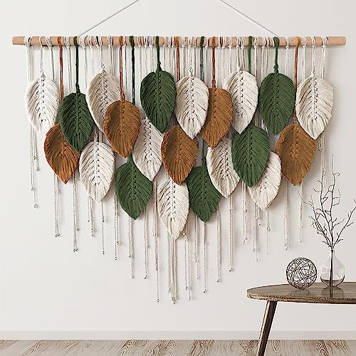 KHOYIME Large Macrame Wall Hanging Boho Woven Tapestry, Chic Home Decor Modern Bohemian Handmade Leaf Feather Wall Art Decorations for Apartment Dorm Living Room Bedroom Nursery Backdrop 39"W X 29.5"L - Image 1