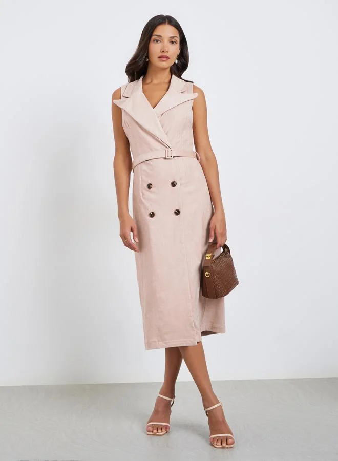 Styli Women Suede Look Sleeveless Blazer Midi Dress