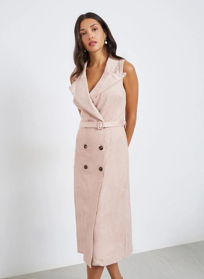Styli Women Suede Look Sleeveless Blazer Midi Dress