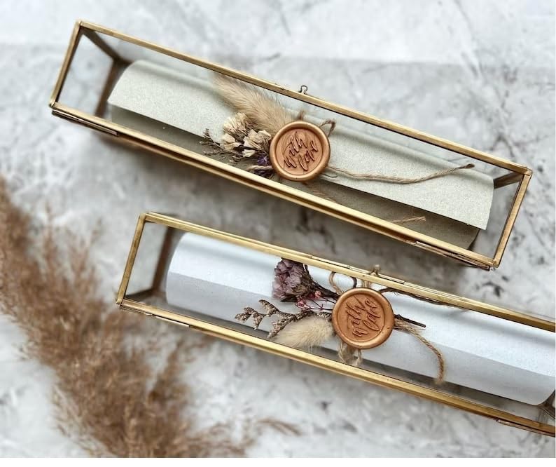 ARTINCO Glass Gold Scroll Box For Wedding Invitations, Giveaway Gift Box 9X2.1X2 .1 Inches (23X5X5 Cm, Pack Of 1) - Image 2