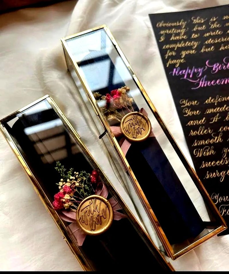 ARTINCO Glass Gold Scroll Box For Wedding Invitations, Giveaway Gift Box 9X2.1X2 .1 Inches (23X5X5 Cm, Pack Of 1) - Image 1